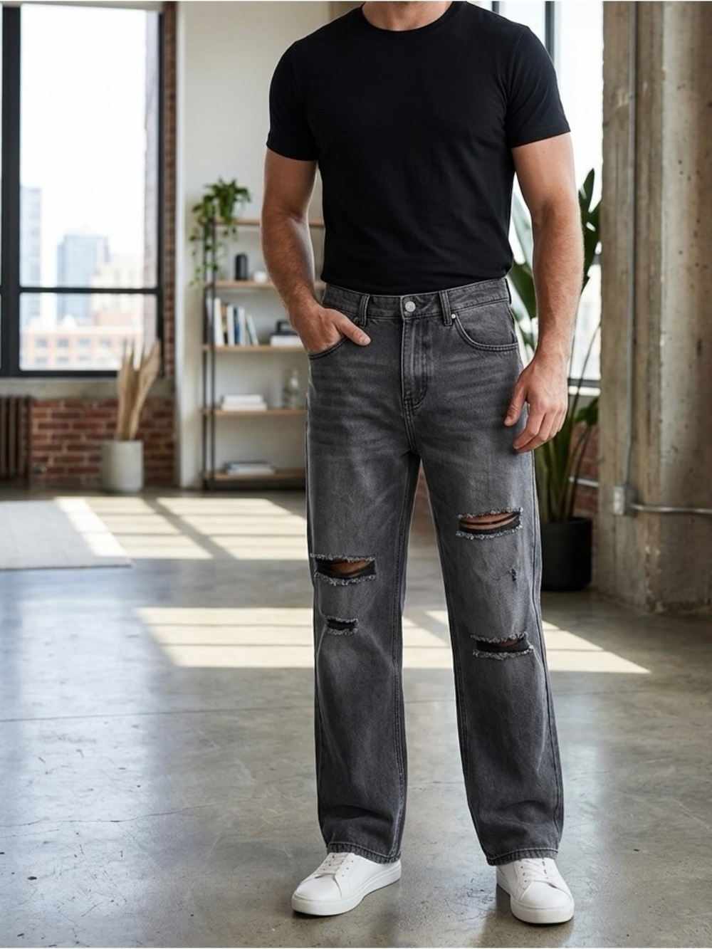 Men's Distressed Straight-Leg Jeans - Black Gray